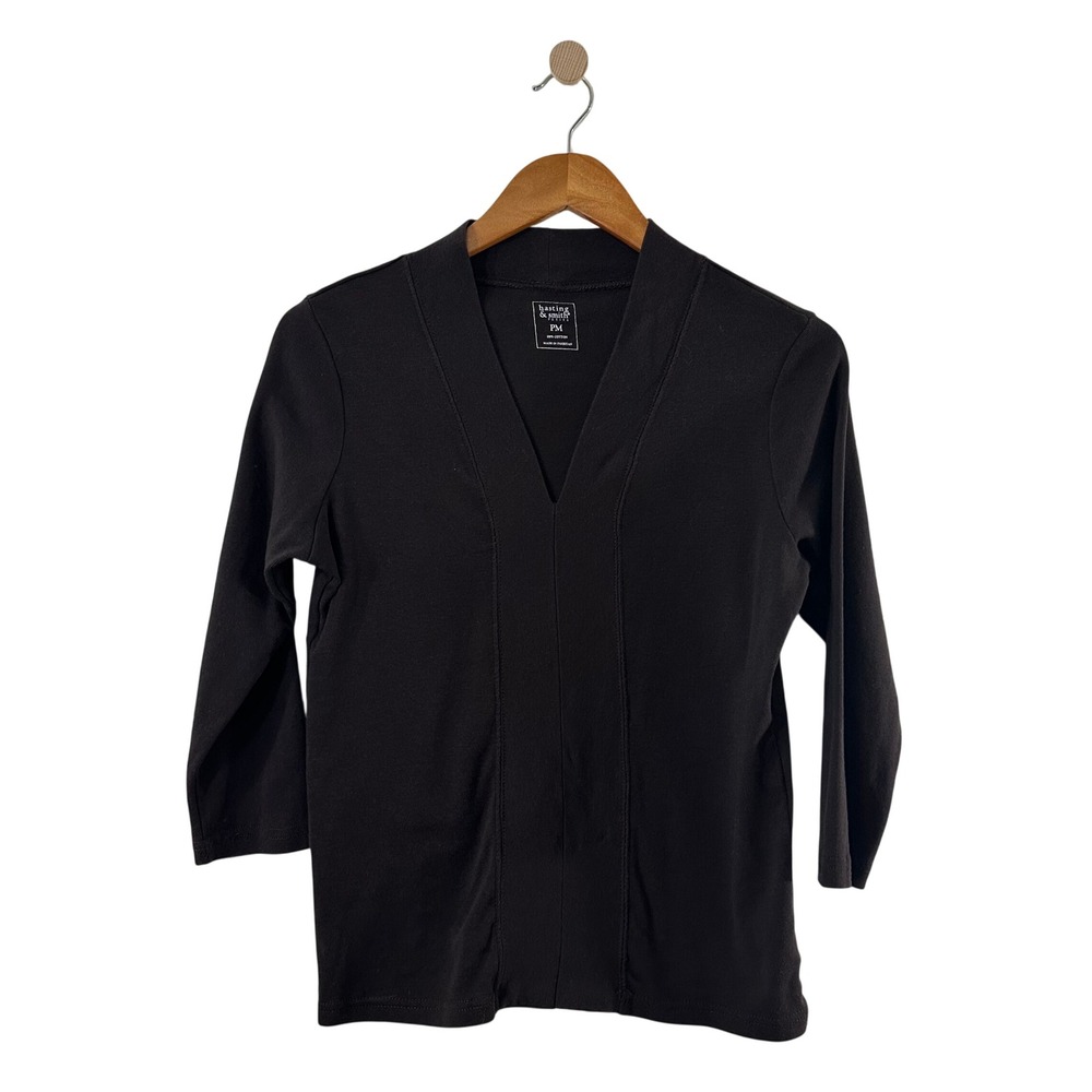 Hastings & Smith Brown 100% Cotton V-Neck Mock Neck 3/4 Sleeve Top Size PM